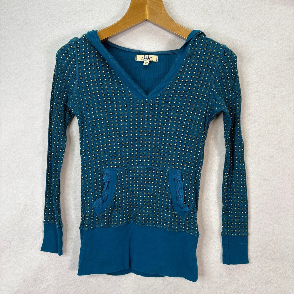 LEI Vtg Y2K Teal Floral Print Hooded Thermal Top Kangaroo Pocket Junior XL Bella